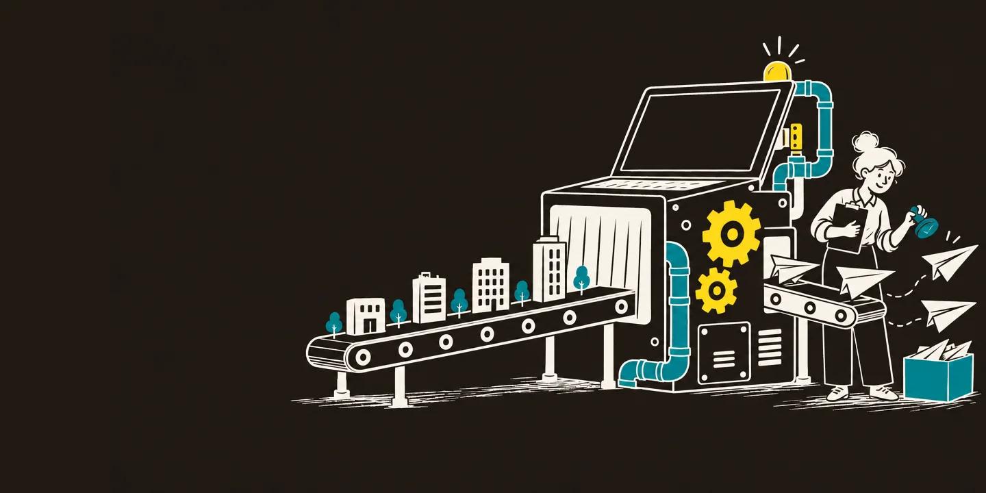 Illustration of a conveyor belt carrying small buildings into a laptop machine that sends out paper planes checked by a person