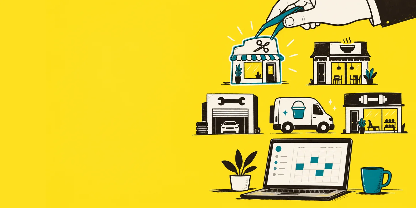 Illustration of a hand using tweezers to pick a hair salon out of a grid of small shop types, above a laptop showing a booking calendar