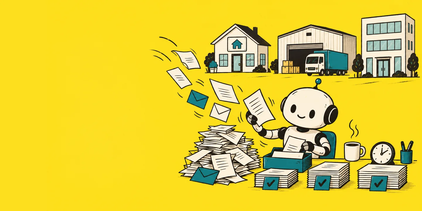 Illustration of a friendly robot sorting piles of paperwork into tidy stacks in front of small new offices