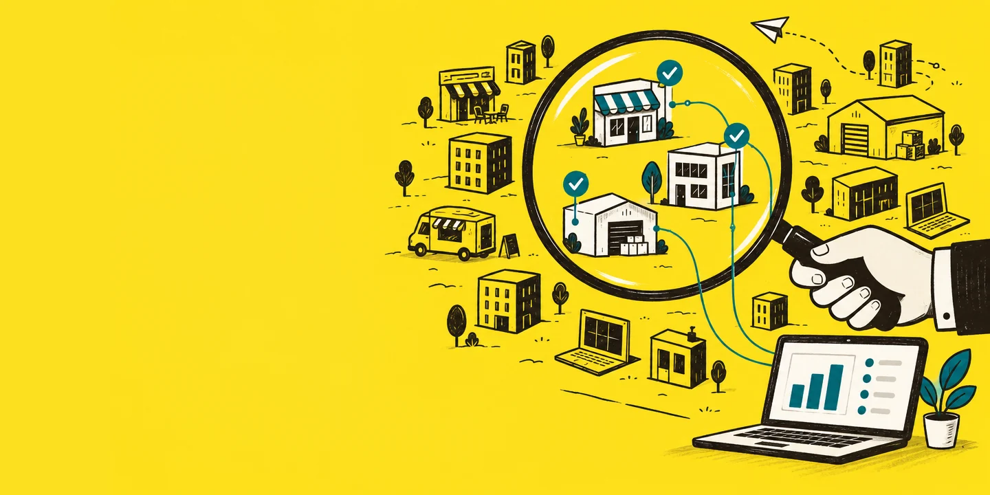Hand-drawn illustration of a hand holding a magnifying glass over a field of small new shops, offices and warehouses, with three highlighted and linked to a laptop dashboard