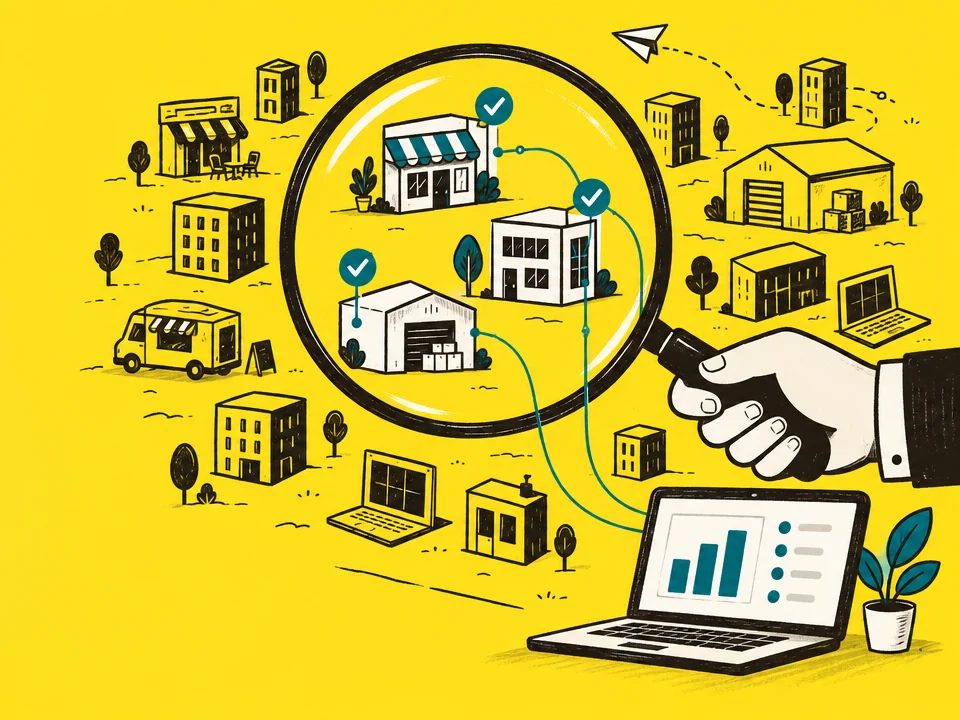 Hand-drawn illustration of a hand holding a magnifying glass over a field of small new shops, offices and warehouses, with three highlighted and linked to a laptop dashboard
