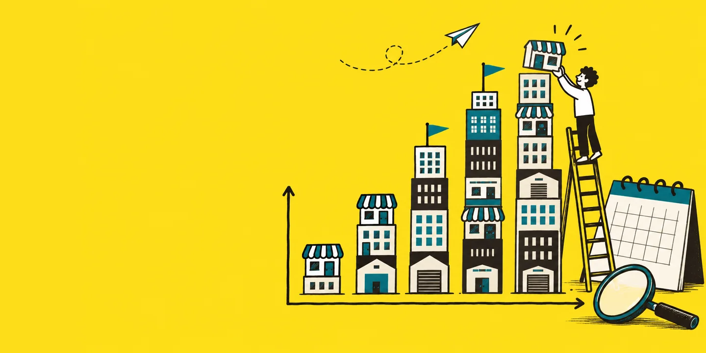 Illustration of a bar chart built from stacks of small new shops and offices, with a person on a ladder adding one more building