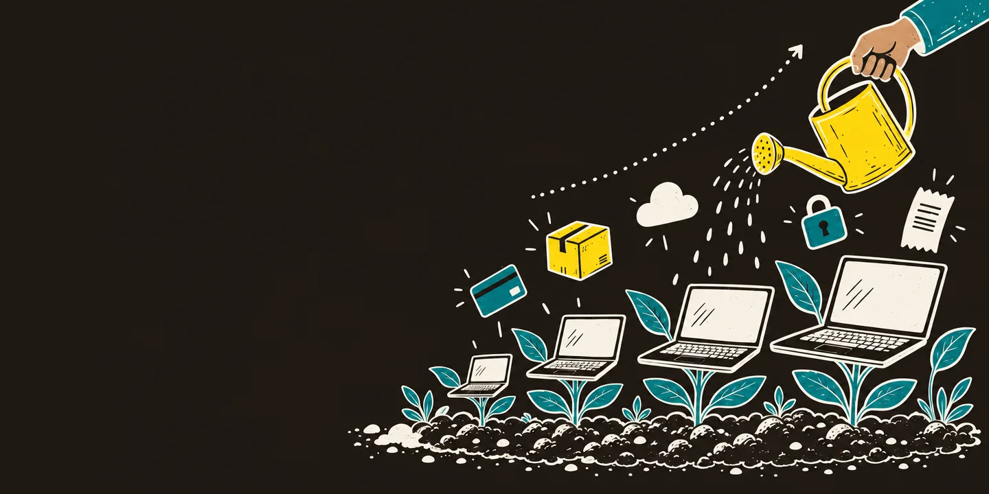 Illustration of laptops sprouting from soil like seedlings while a hand waters them, surrounded by a card, a box, a cloud and a padlock