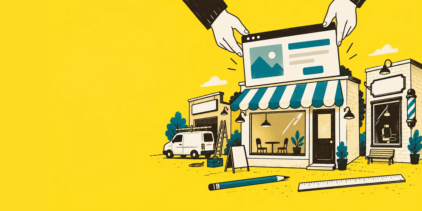 Illustration of two hands fitting a large browser window onto the front of a newly opened cafe