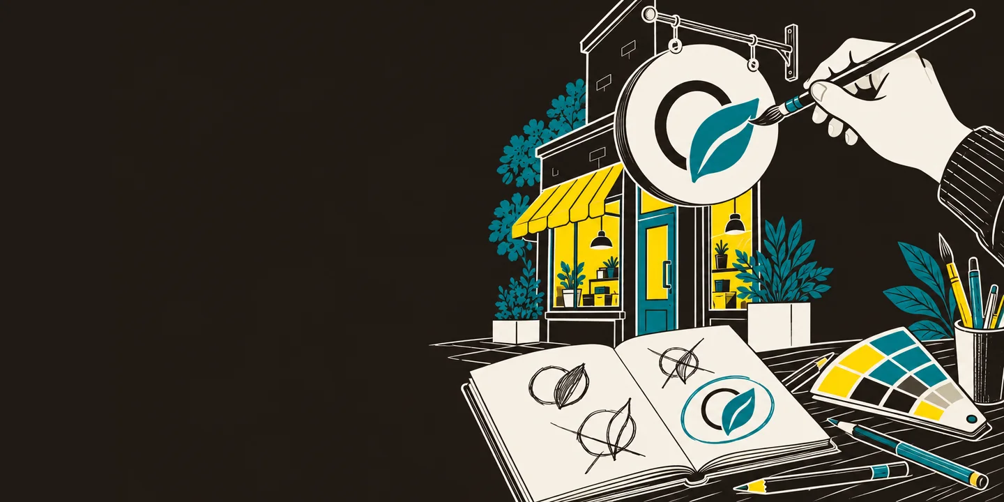 Illustration of a hand painting an emblem onto a shop sign beside a sketchbook of rough logo ideas